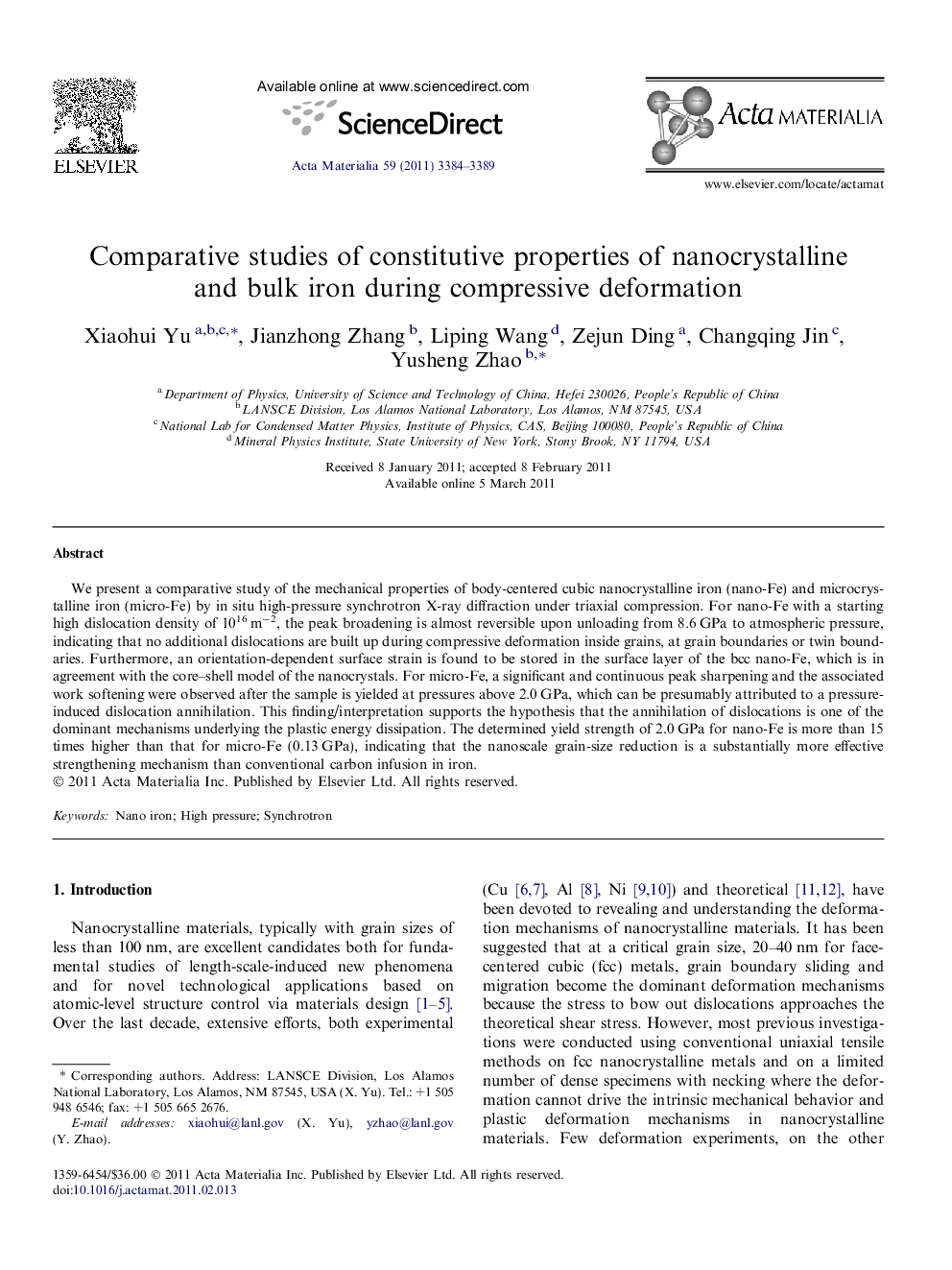 عکس صفحه اول مقاله: Comparative studies of constitutive properties of nanocrystalline and bulk iron during compressive deformation Comparative studies of constitutive properties of nanocrystalline and bulk iron during compressive deformation