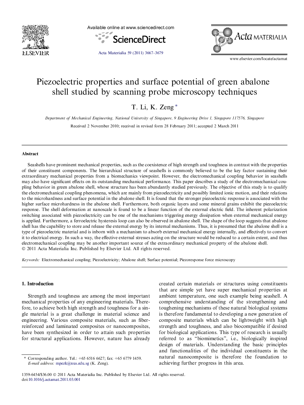 Piezoelectric properties and surface potential of green abalone shell studied by scanning probe microscopy techniques