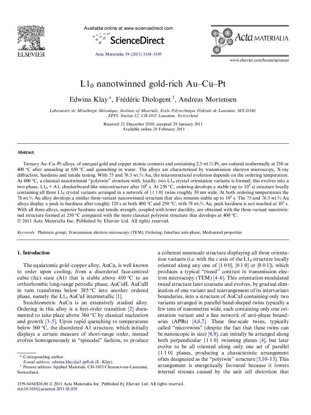 L10 nanotwinned gold-rich Au–Cu–Pt