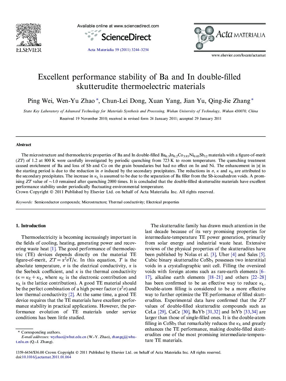 Excellent performance stability of Ba and In double-filled skutterudite thermoelectric materials