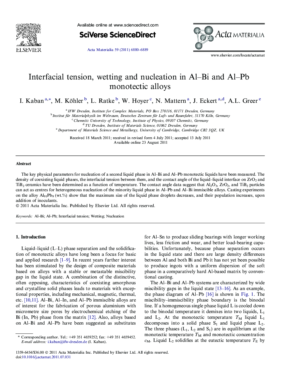 Interfacial tension, wetting and nucleation in Al–Bi and Al–Pb monotectic alloys