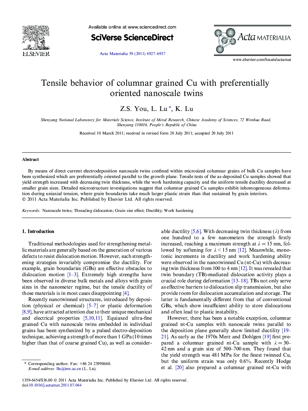 Tensile behavior of columnar grained Cu with preferentially oriented nanoscale twins