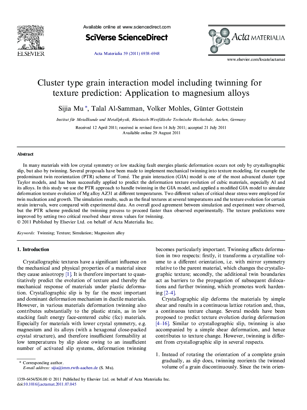 Cluster type grain interaction model including twinning for texture prediction: Application to magnesium alloys