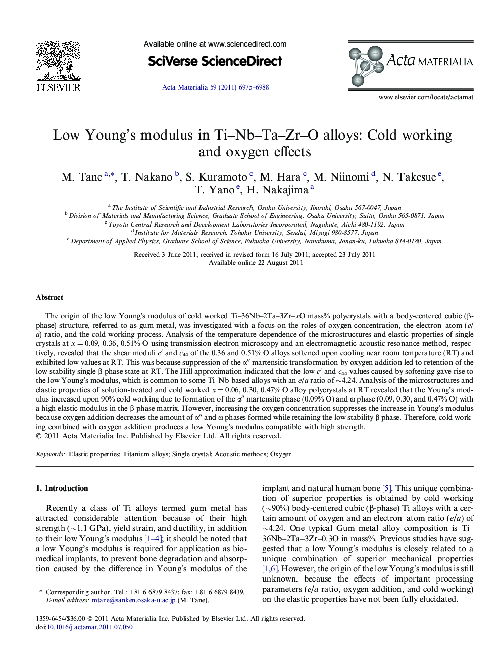 Low Young’s modulus in Ti–Nb–Ta–Zr–O alloys: Cold working and oxygen effects