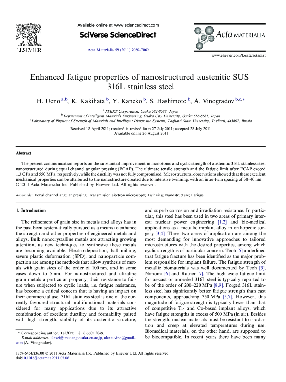 Enhanced fatigue properties of nanostructured austenitic SUS 316L stainless steel