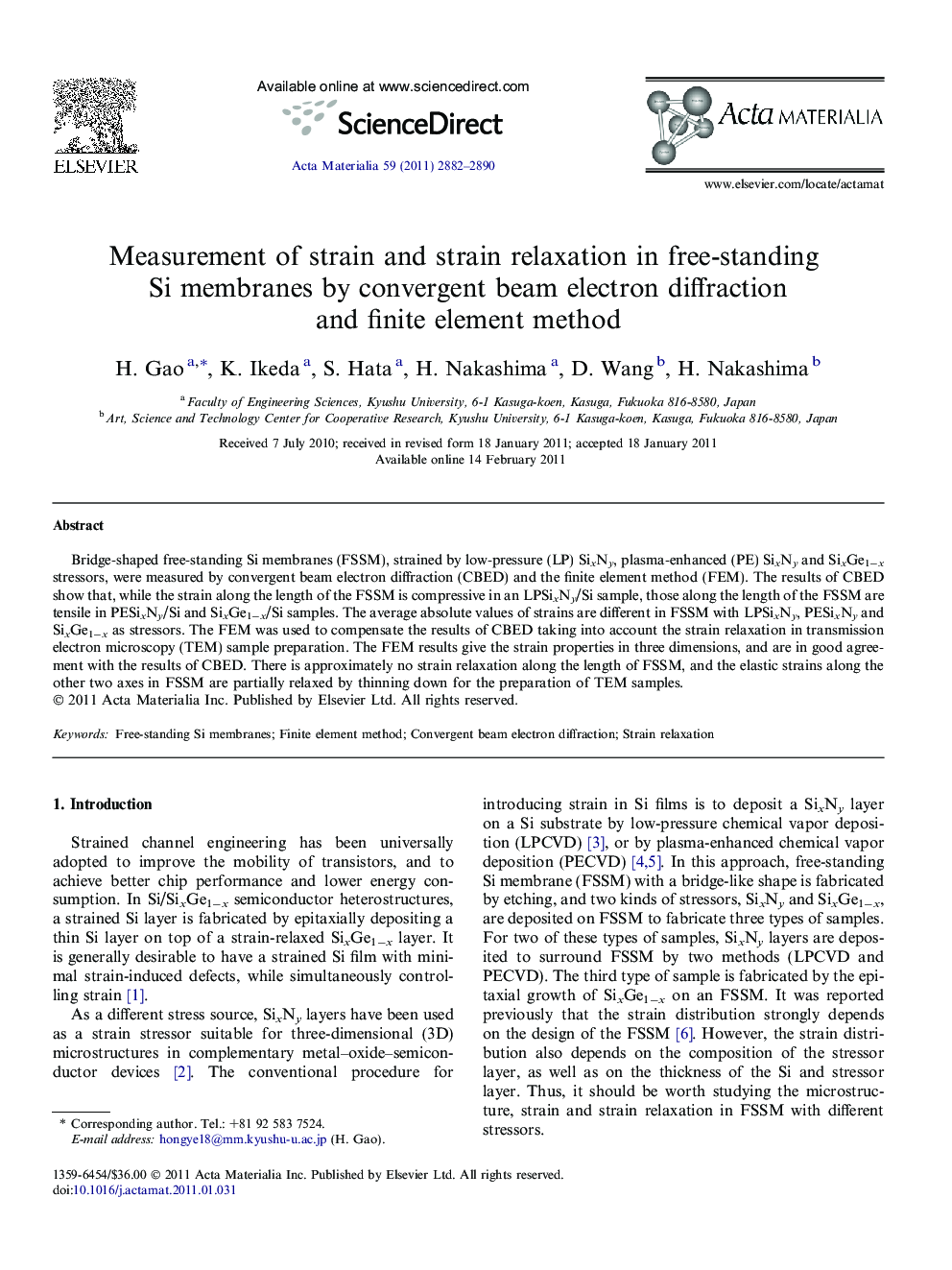 Measurement of strain and strain relaxation in free-standing Si membranes by convergent beam electron diffraction and finite element method