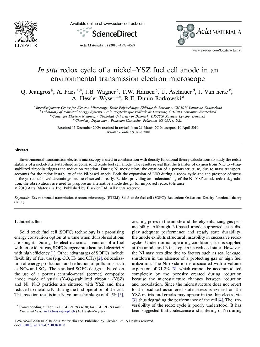 In situ redox cycle of a nickel–YSZ fuel cell anode in an environmental transmission electron microscope