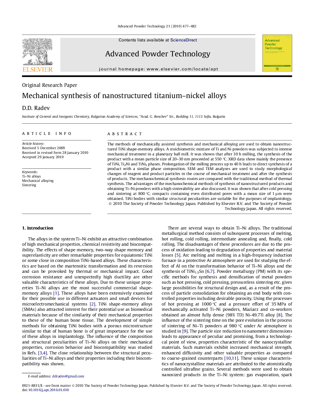 Mechanical synthesis of nanostructured titanium–nickel alloys