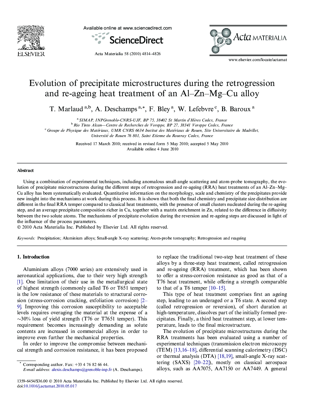 Evolution of precipitate microstructures during the retrogression and re-ageing heat treatment of an Al–Zn–Mg–Cu alloy