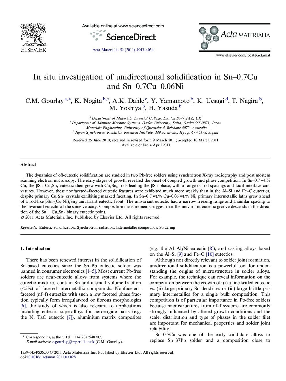 In situ investigation of unidirectional solidification in Sn–0.7Cu and Sn–0.7Cu–0.06Ni