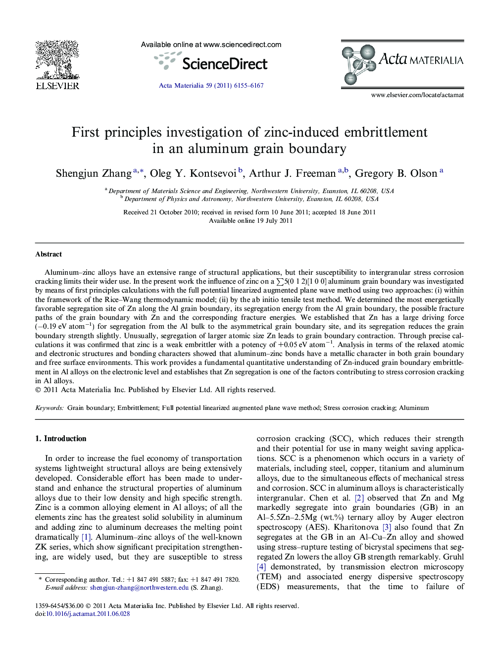 First principles investigation of zinc-induced embrittlement in an aluminum grain boundary