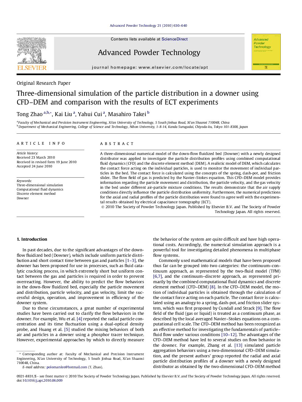 Three-dimensional simulation of the particle distribution in a downer using CFD–DEM and comparison with the results of ECT experiments