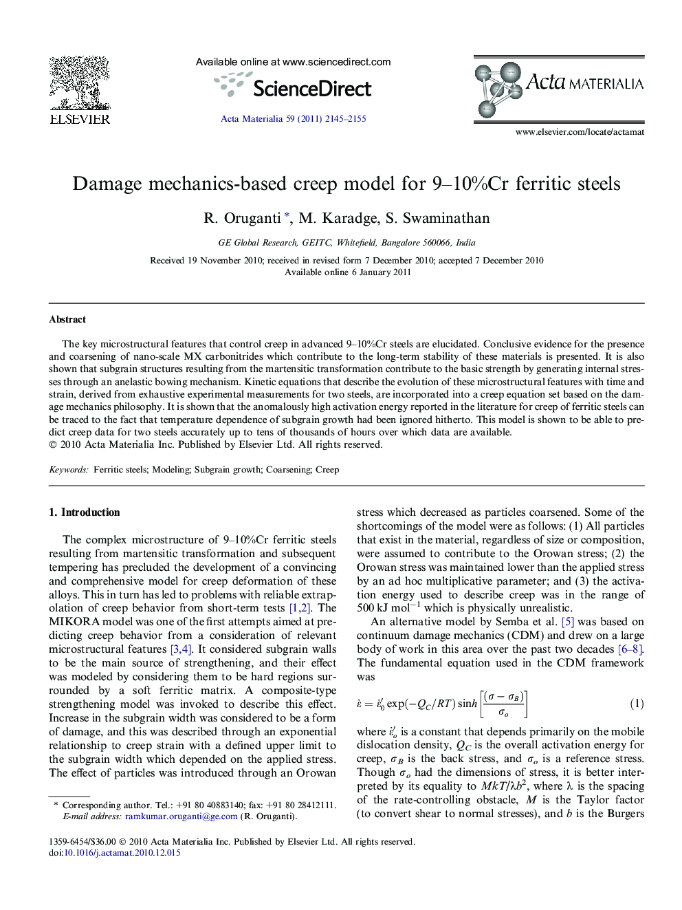 Damage mechanics-based creep model for 9–10%Cr ferritic steels