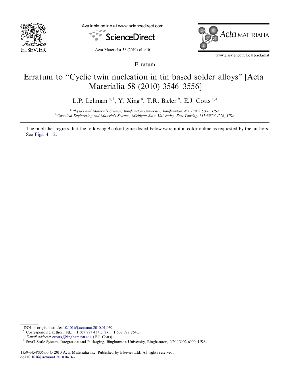 Erratum to “Cyclic twin nucleation in tin based solder alloys” [Acta Materialia 58 (2010) 3546-3556]