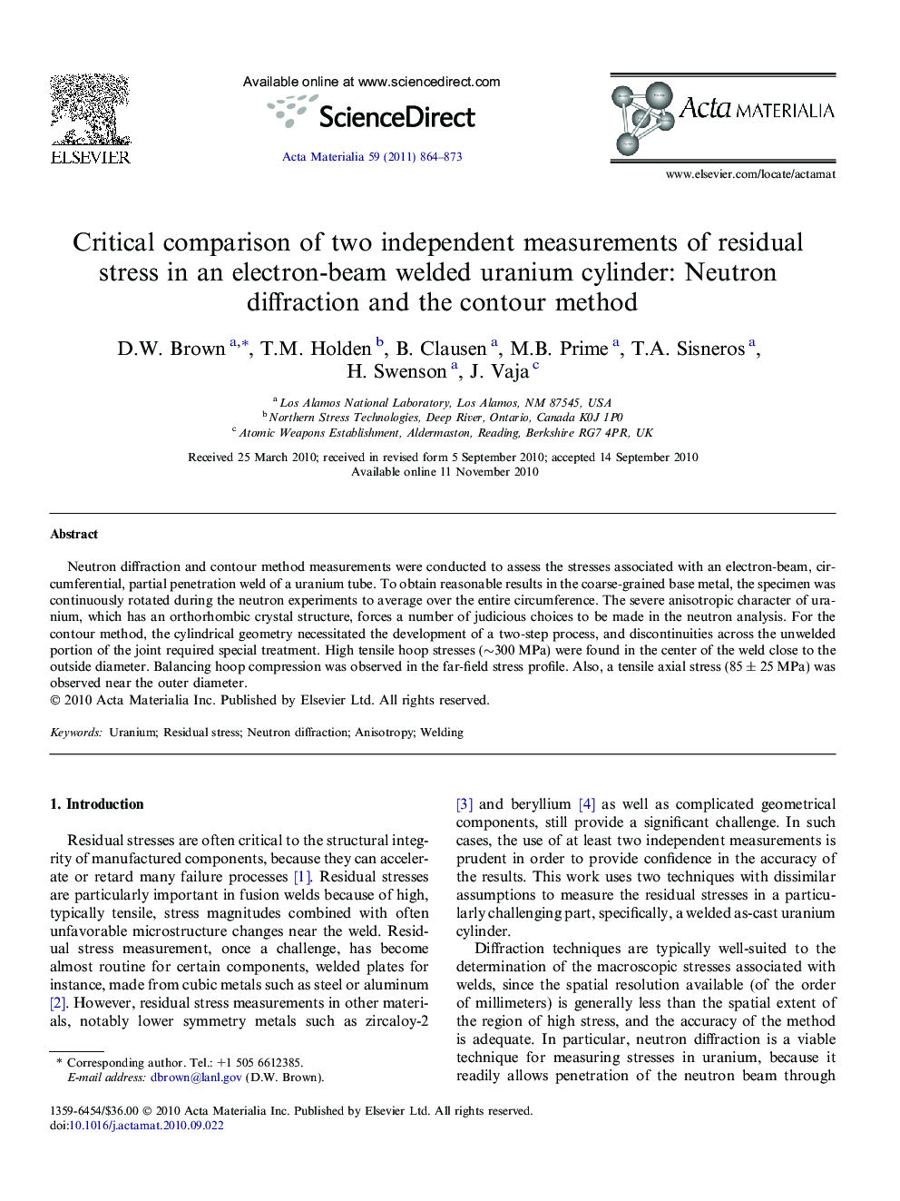 Critical comparison of two independent measurements of residual stress in an electron-beam welded uranium cylinder: Neutron diffraction and the contour method