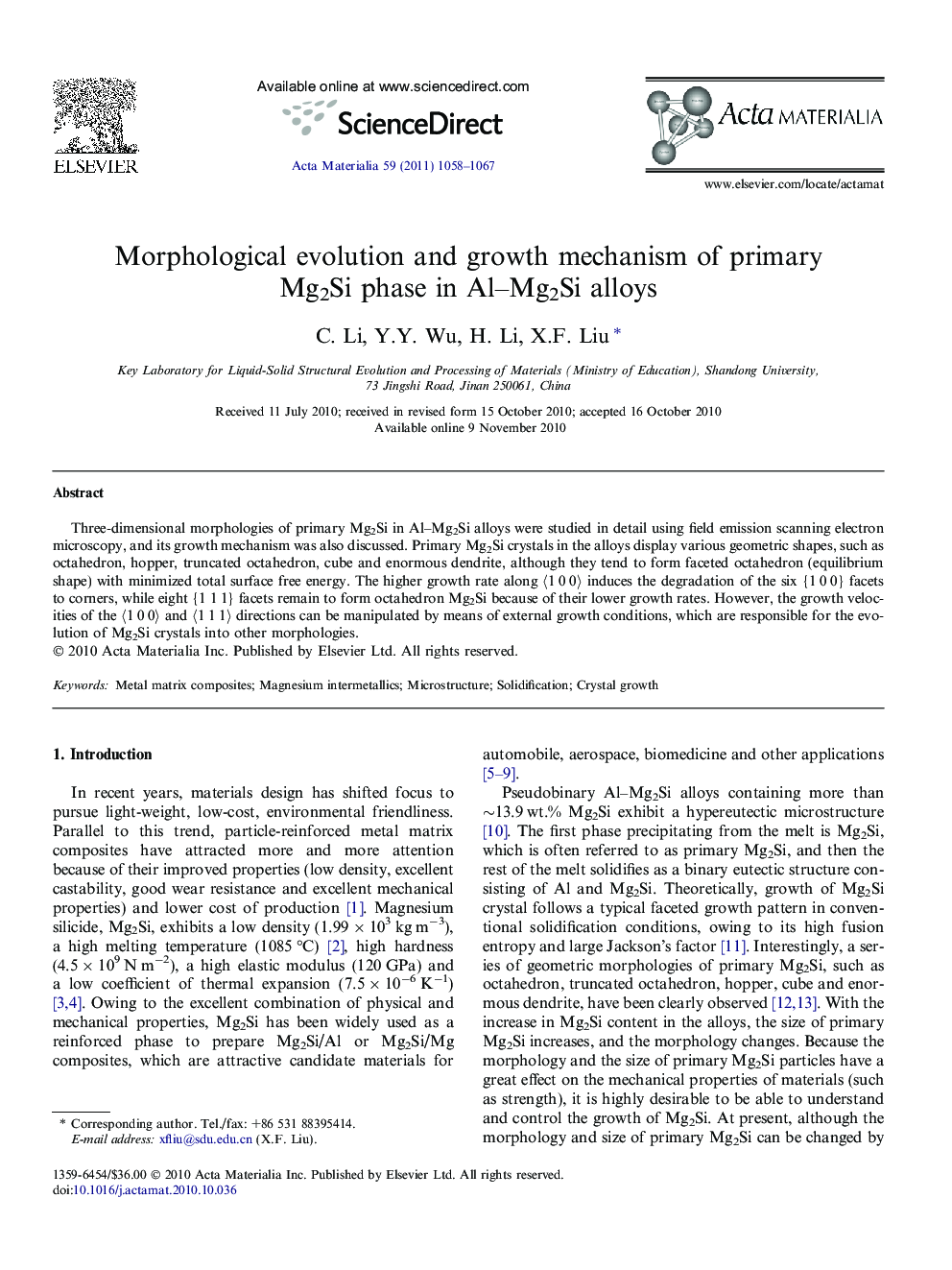 Morphological evolution and growth mechanism of primary Mg2Si phase in Al–Mg2Si alloys