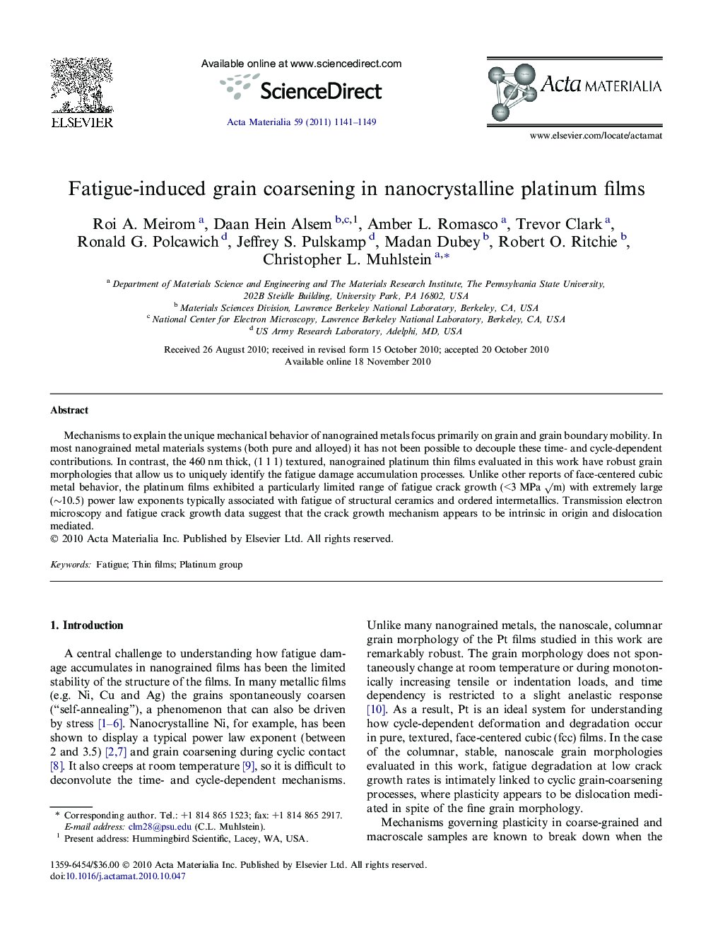 Fatigue-induced grain coarsening in nanocrystalline platinum films