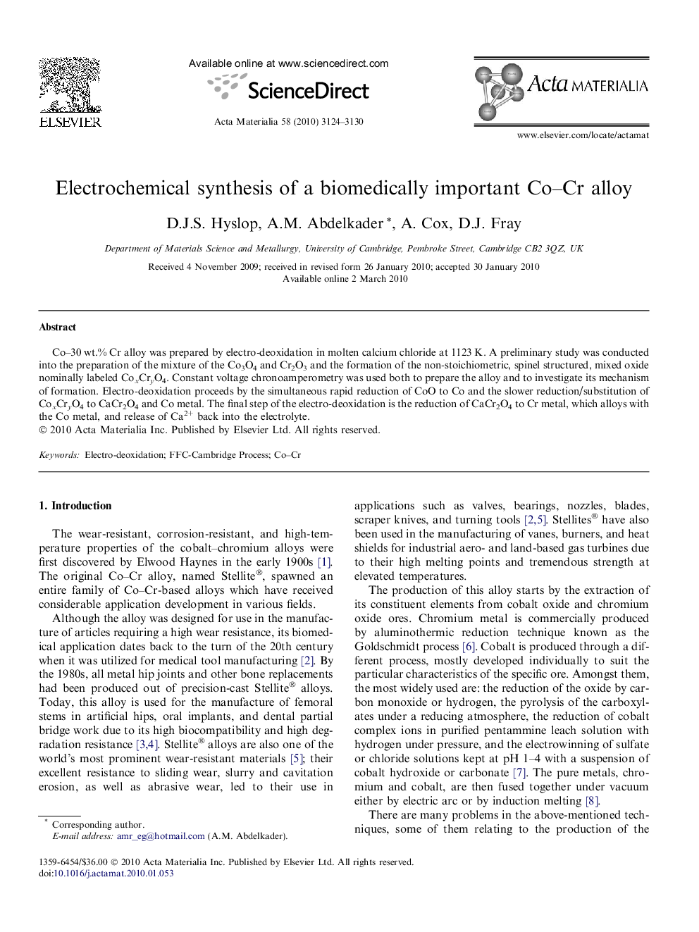 Electrochemical synthesis of a biomedically important Co–Cr alloy