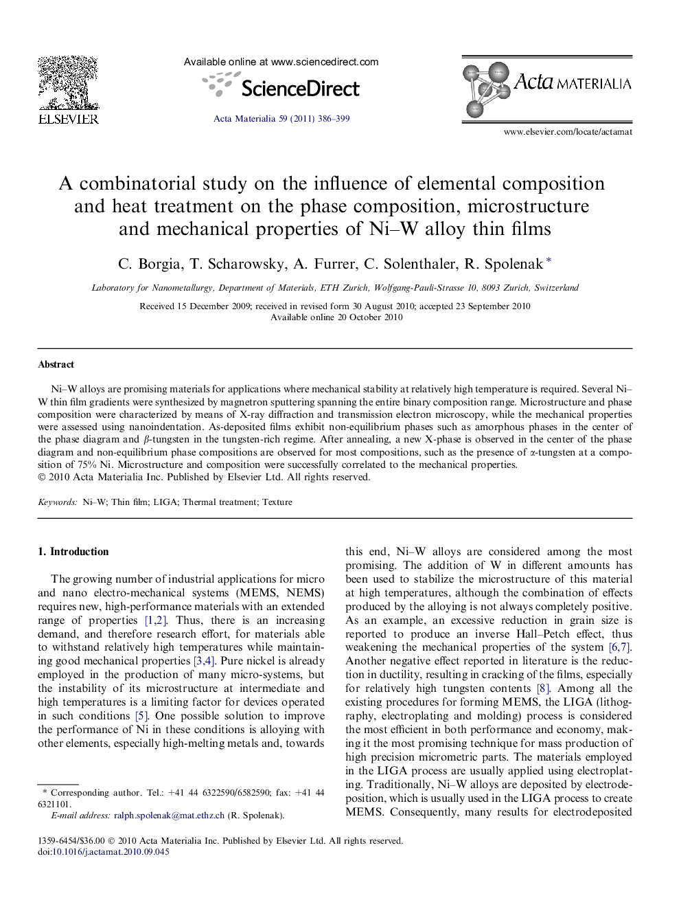عکس صفحه اول مقاله: A combinatorial study on the influence of elemental composition and heat treatment on the phase composition, microstructure and mechanical properties of Ni–W alloy thin films A combinatorial study on the influence of elemental composition and heat treatment on the phase composition, microstructure and mechanical properties of Ni–W alloy thin films