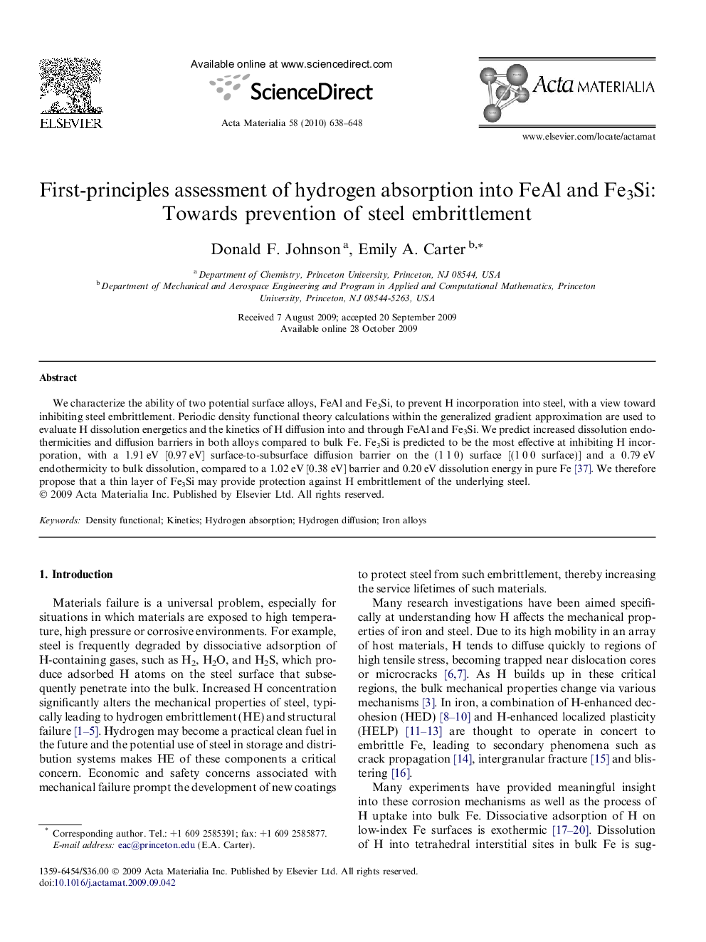 عکس صفحه اول مقاله: First-principles assessment of hydrogen absorption into FeAl and Fe3Si: Towards prevention of steel embrittlement First-principles assessment of hydrogen absorption into FeAl and Fe3Si: Towards prevention of steel embrittlement