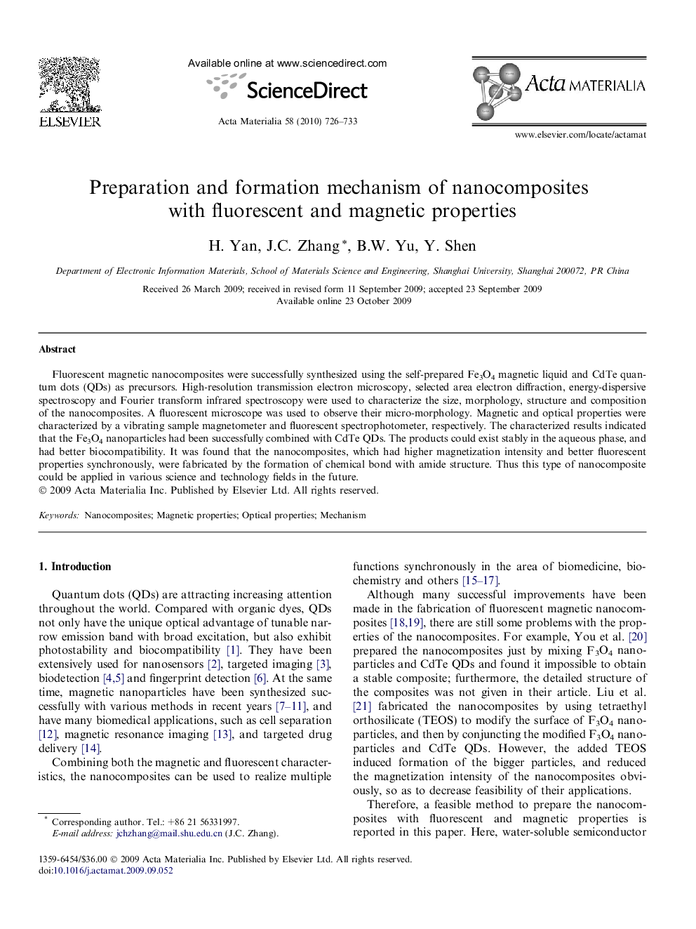 عکس صفحه اول مقاله: Preparation and formation mechanism of nanocomposites with fluorescent and magnetic properties Preparation and formation mechanism of nanocomposites with fluorescent and magnetic properties