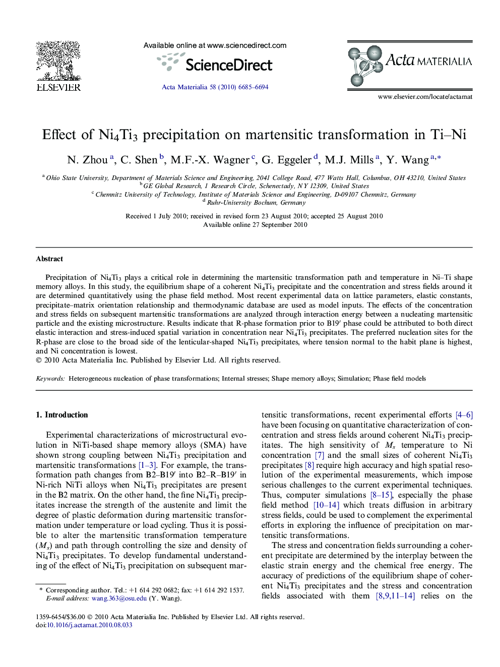 Effect of Ni4Ti3 precipitation on martensitic transformation in Ti–Ni