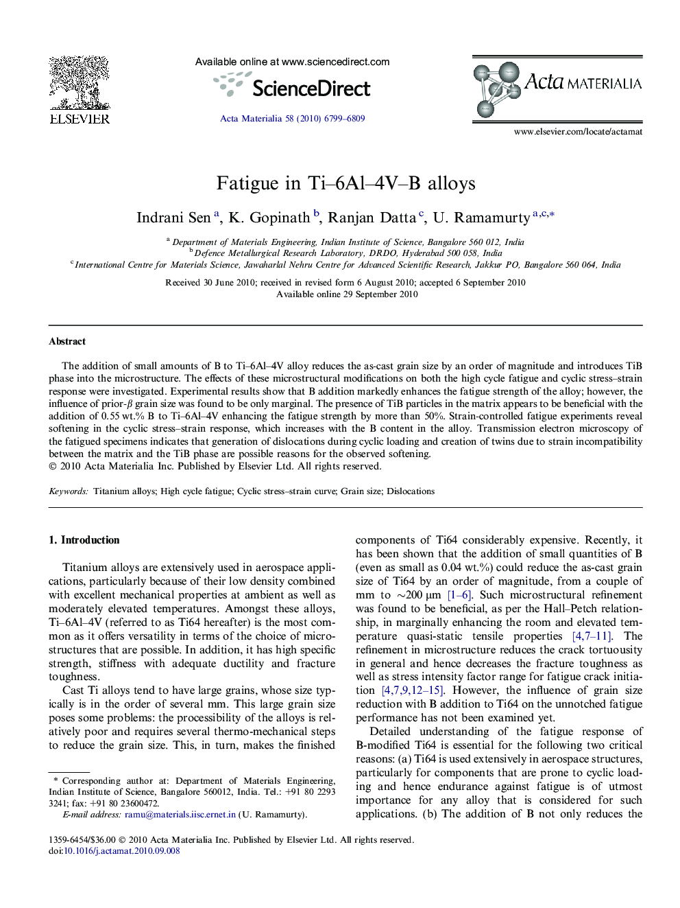 Fatigue in Ti–6Al–4V–B alloys