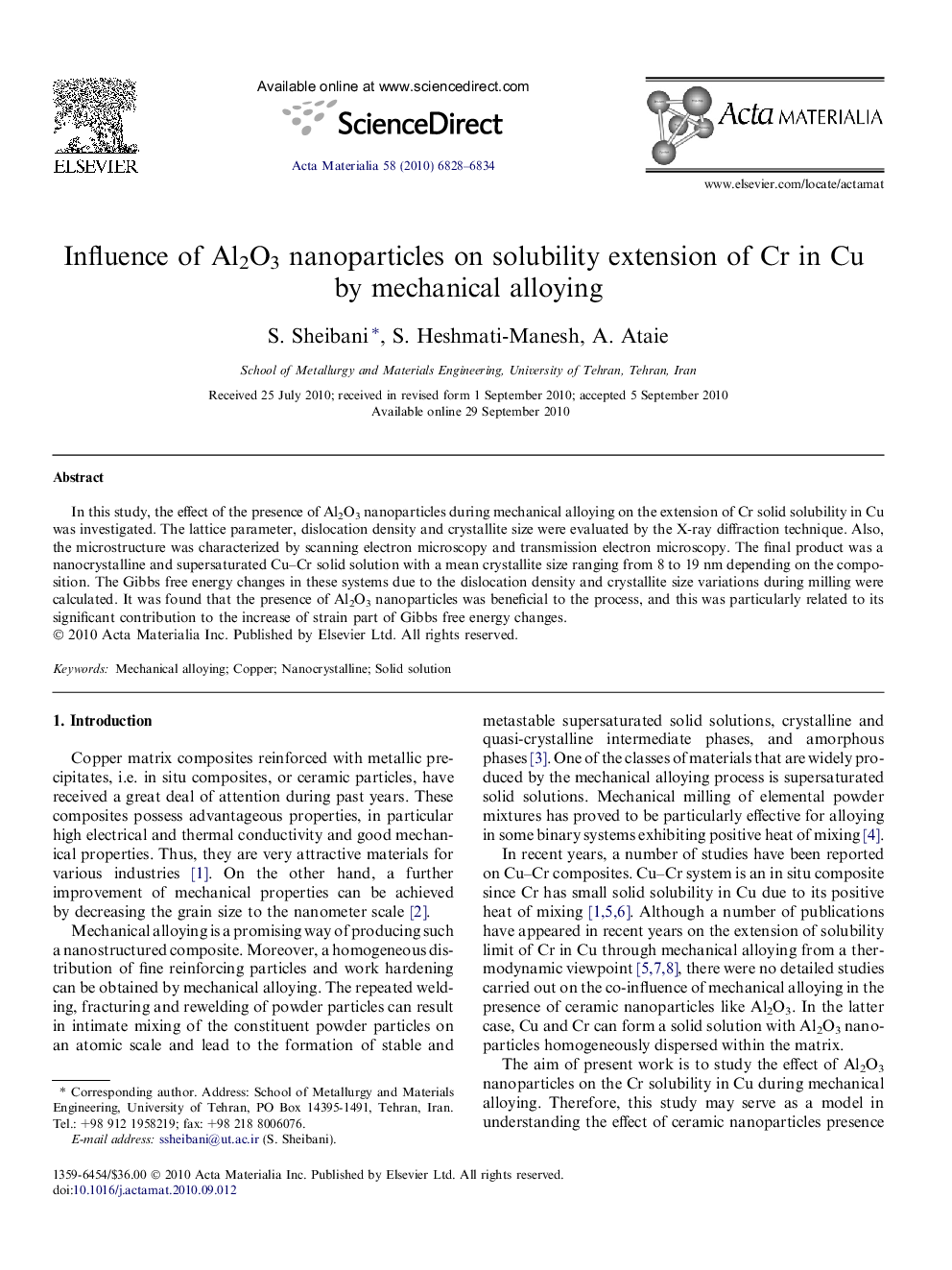 Influence of Al2O3 nanoparticles on solubility extension of Cr in Cu by mechanical alloying