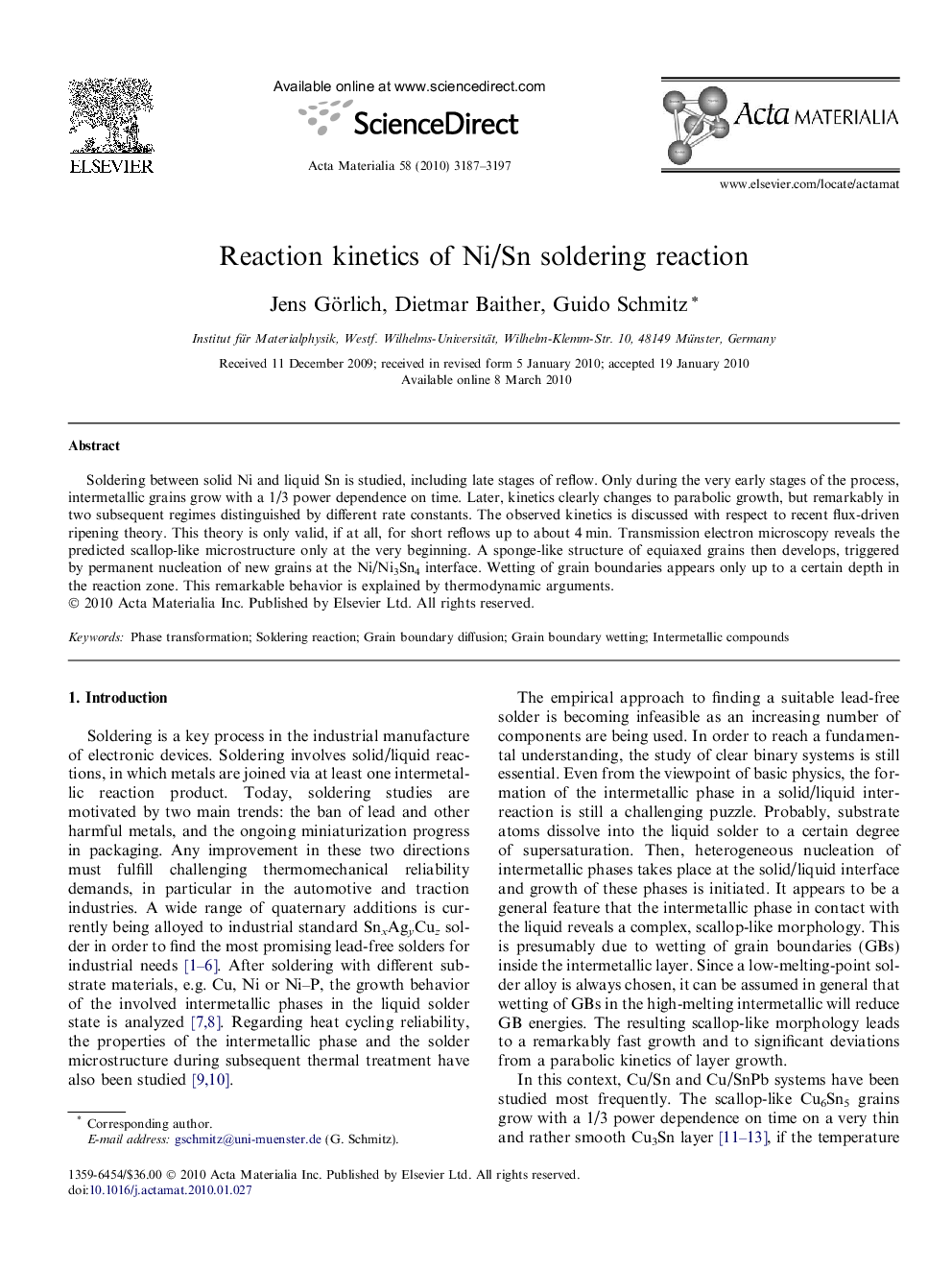 Reaction kinetics of Ni/Sn soldering reaction