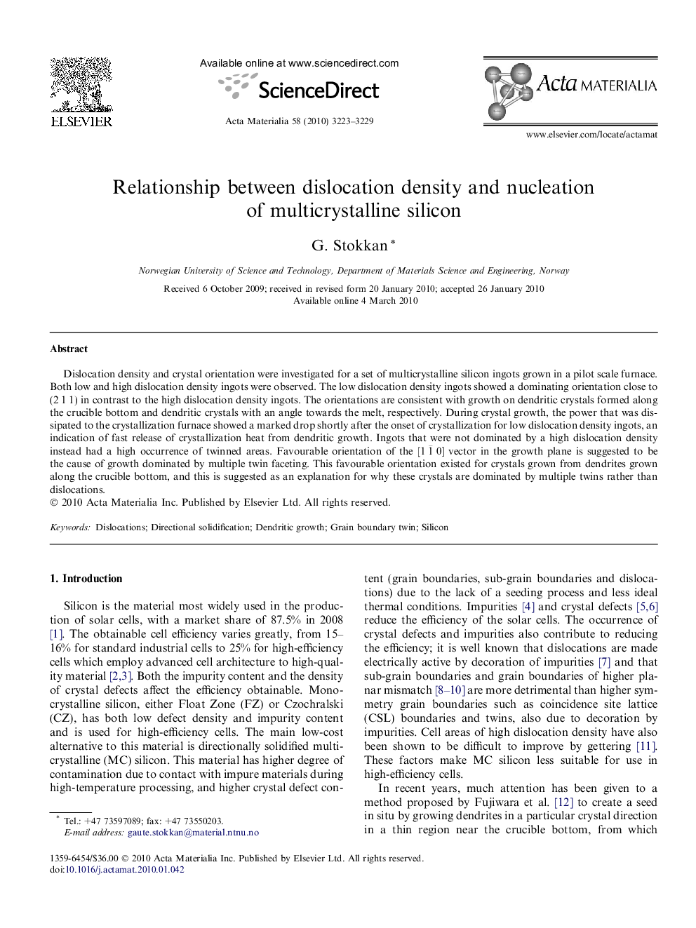 Relationship between dislocation density and nucleation of multicrystalline silicon