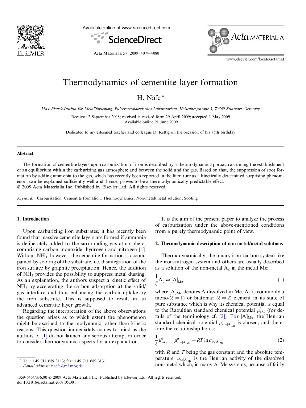 Thermodynamics of cementite layer formation