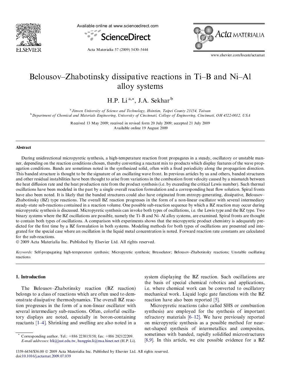 Belousov–Zhabotinsky dissipative reactions in Ti–B and Ni–Al alloy systems