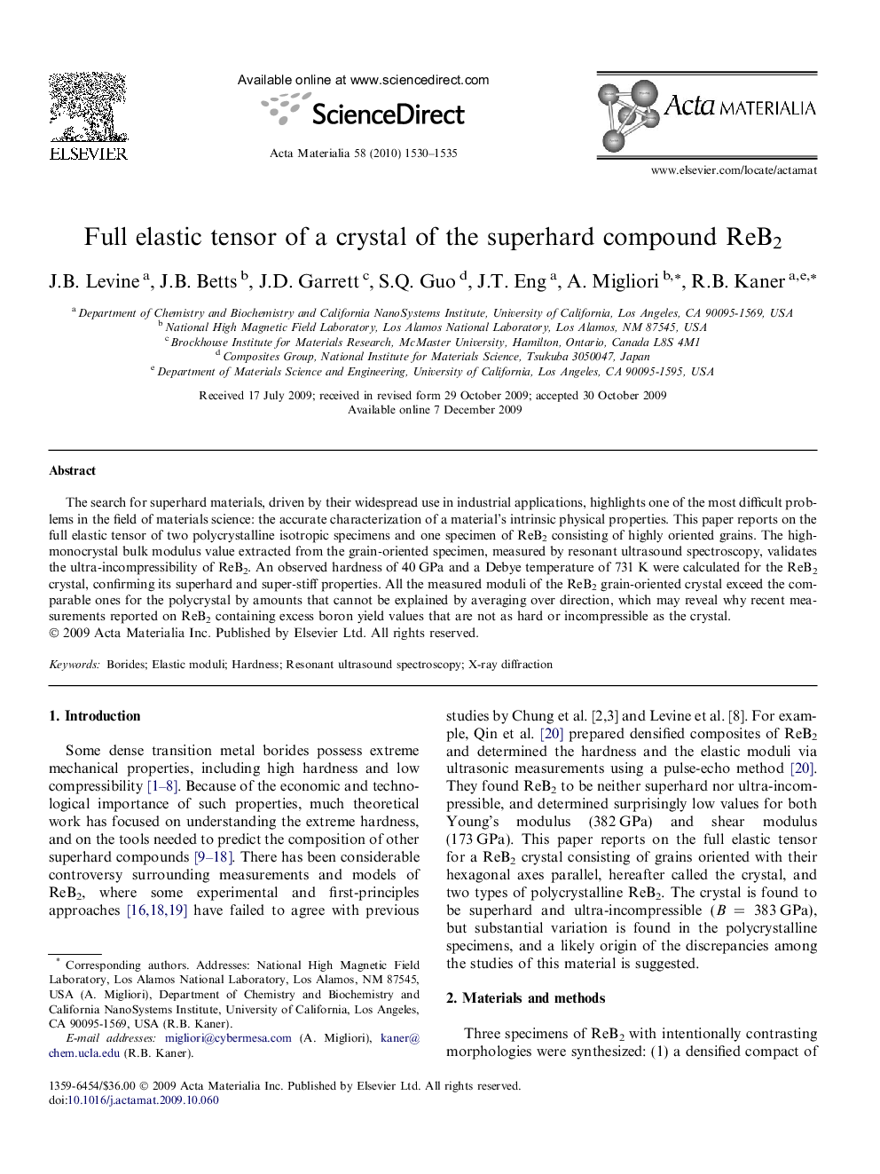 Full elastic tensor of a crystal of the superhard compound ReB2