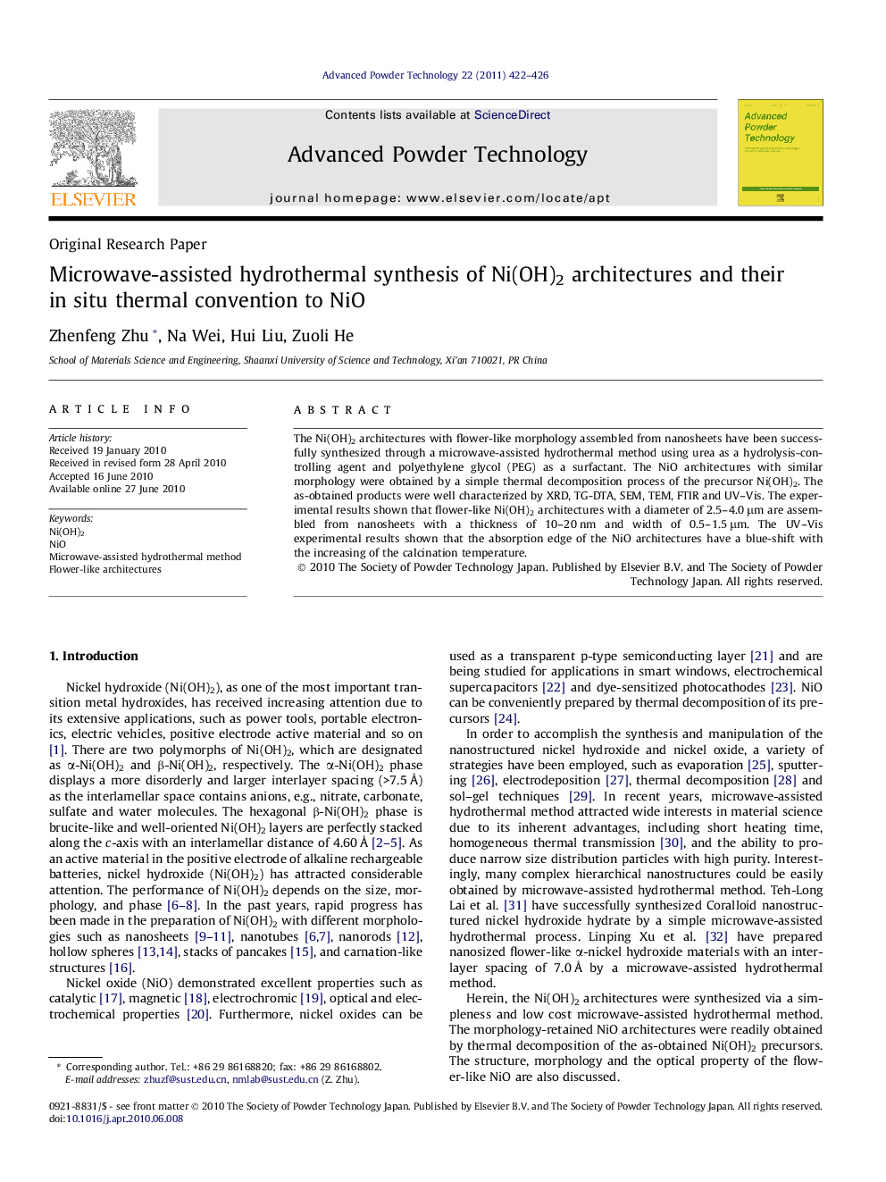 Microwave-assisted hydrothermal synthesis of Ni(OH)2 architectures and their in situ thermal convention to NiO