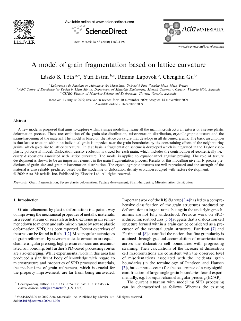 A model of grain fragmentation based on lattice curvature