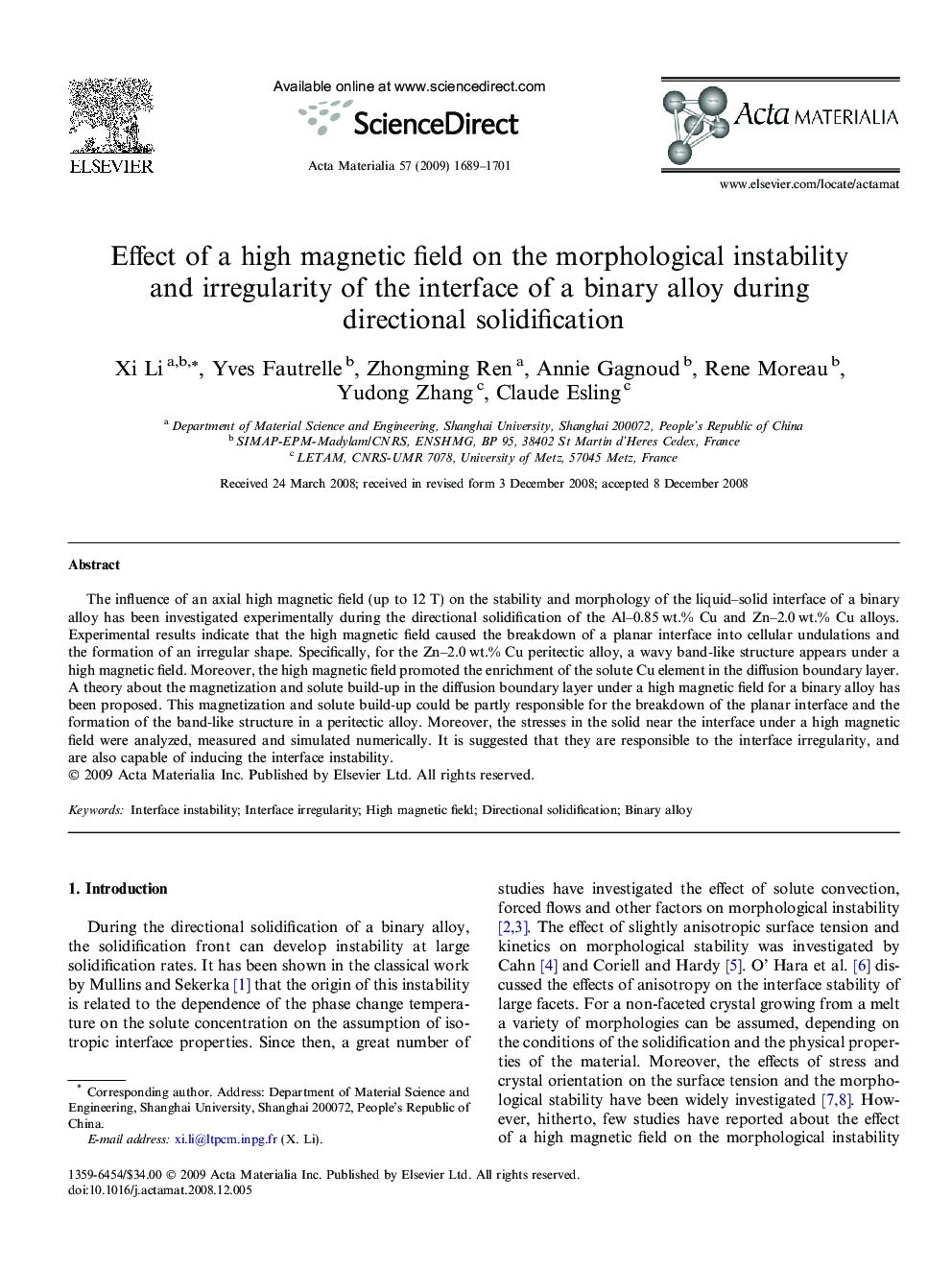 Effect of a high magnetic field on the morphological instability and irregularity of the interface of a binary alloy during directional solidification