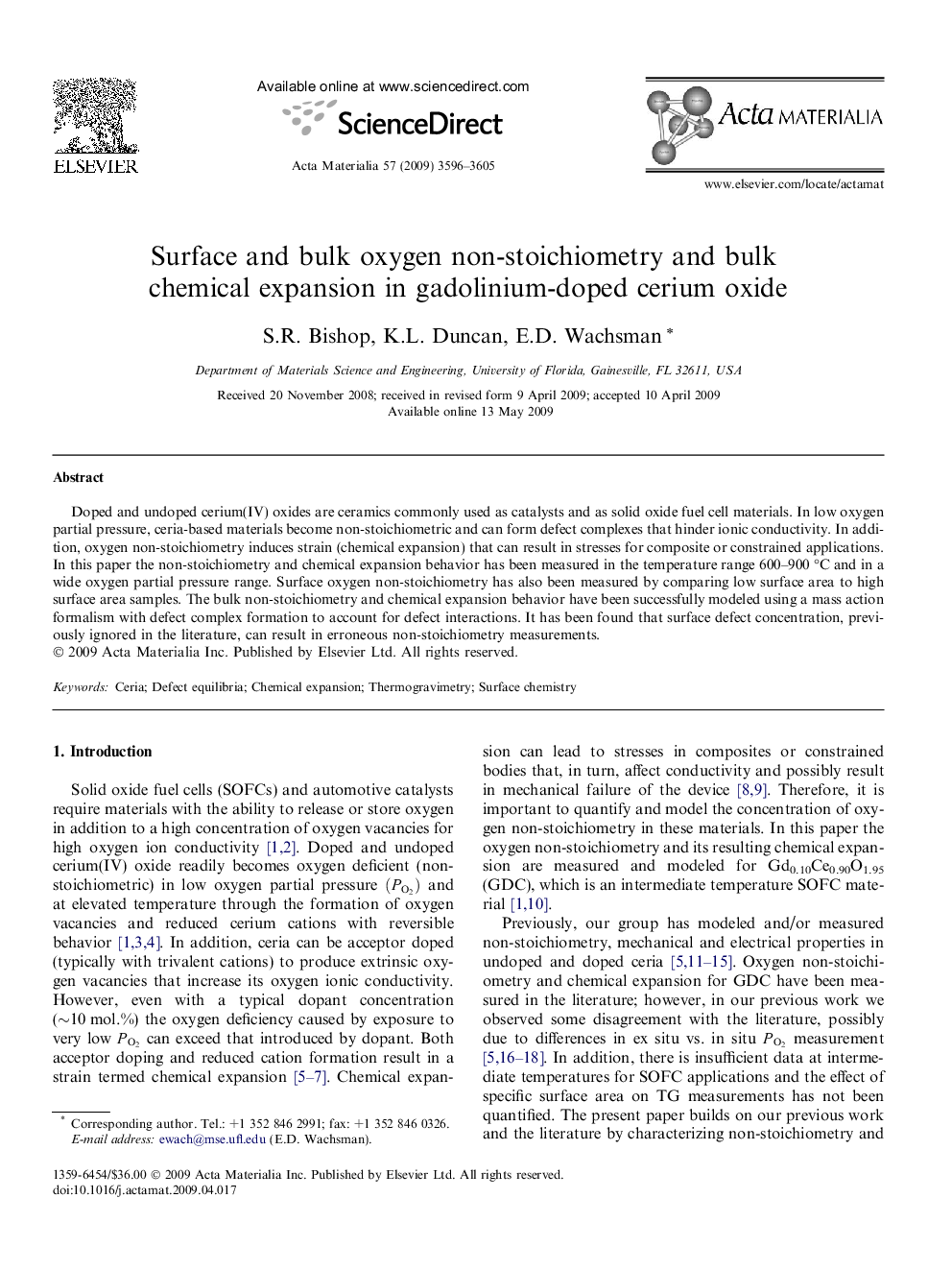 Surface and bulk oxygen non-stoichiometry and bulk chemical expansion in gadolinium-doped cerium oxide