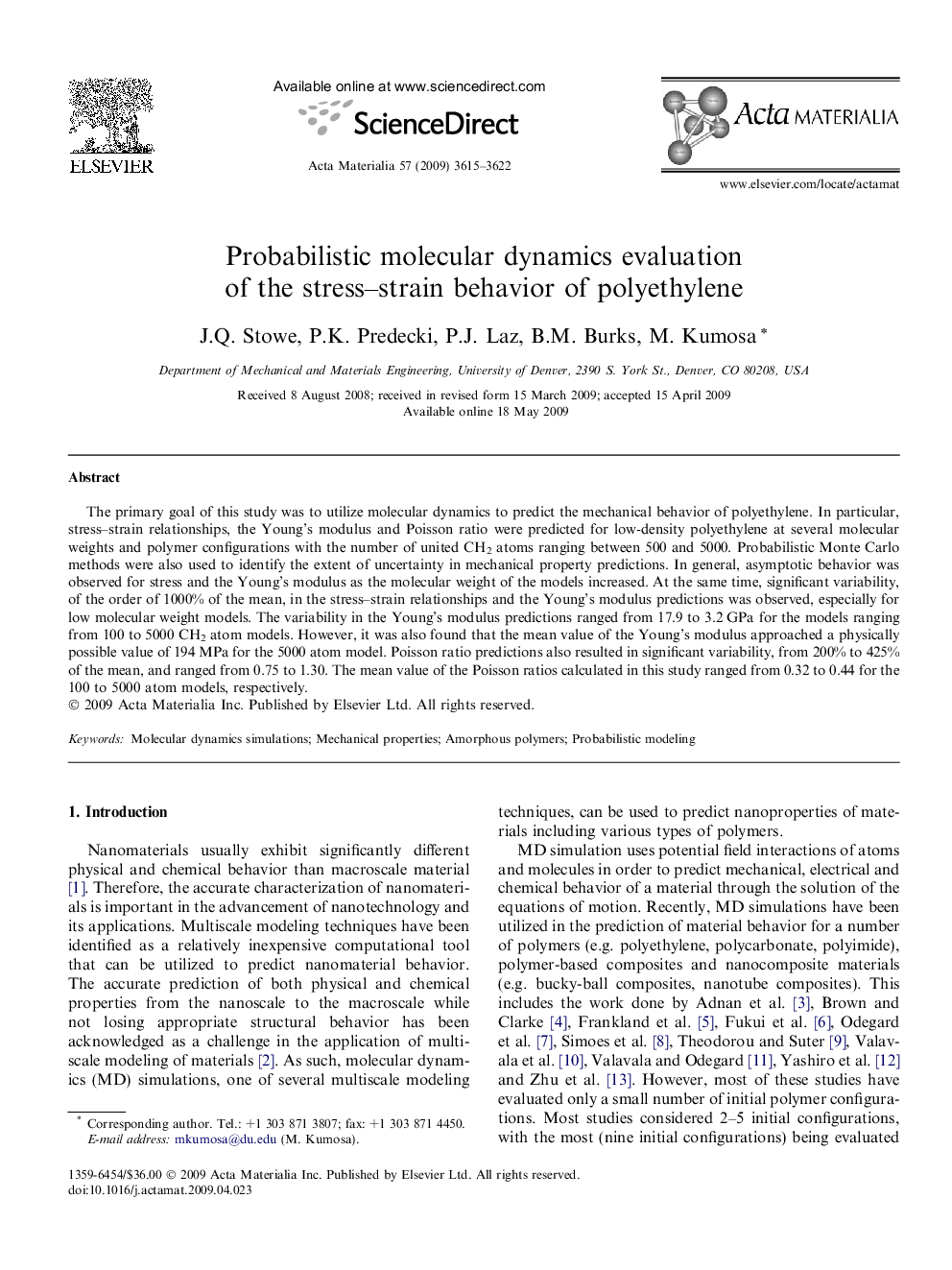 Probabilistic molecular dynamics evaluation of the stress–strain behavior of polyethylene