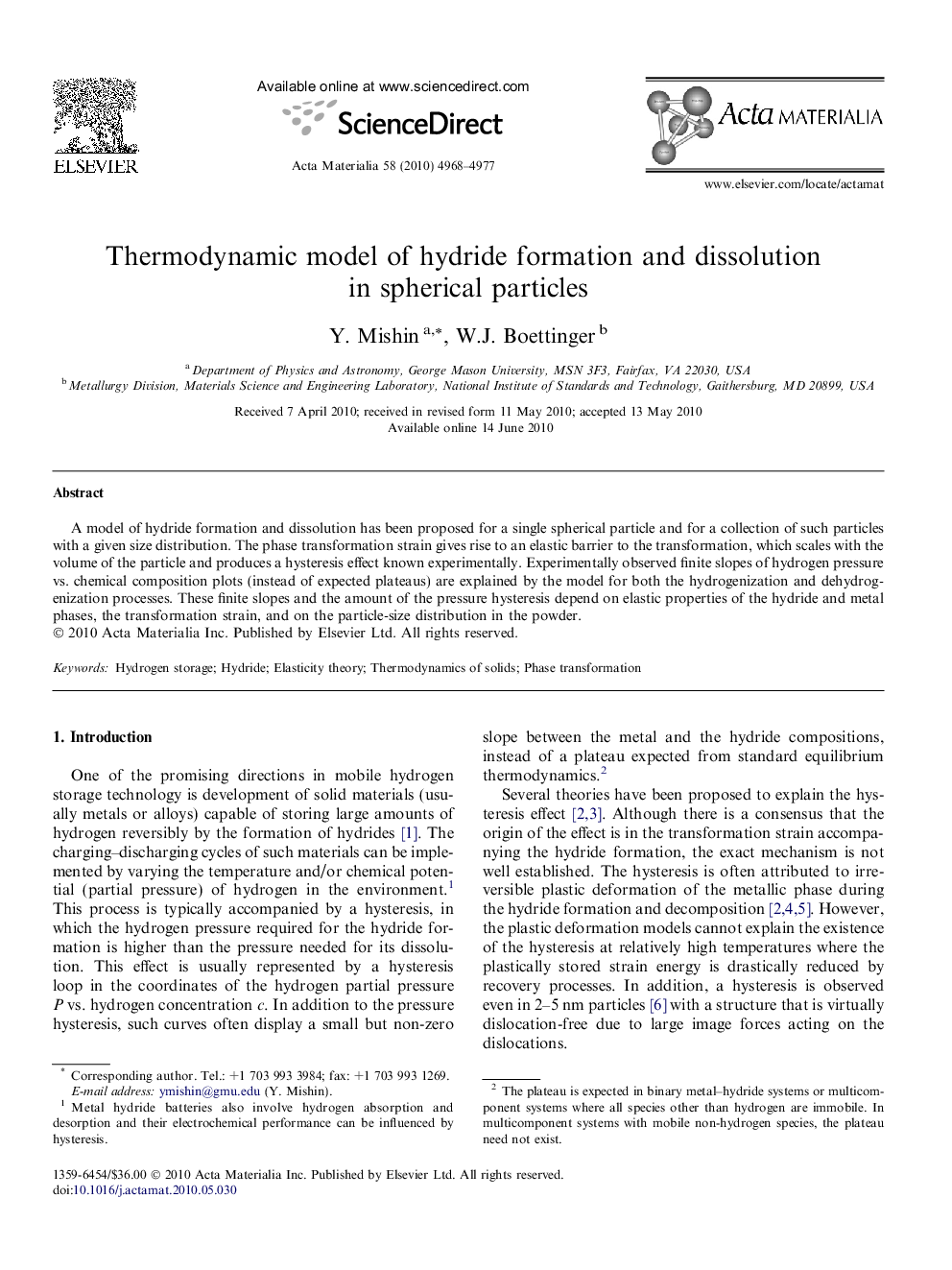 Thermodynamic model of hydride formation and dissolution in spherical particles