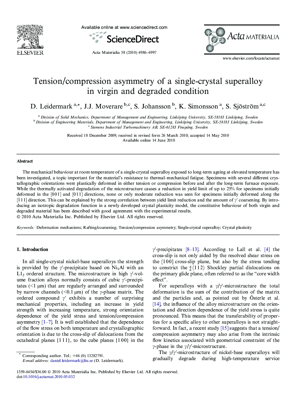 Tension/compression asymmetry of a single-crystal superalloy in virgin and degraded condition