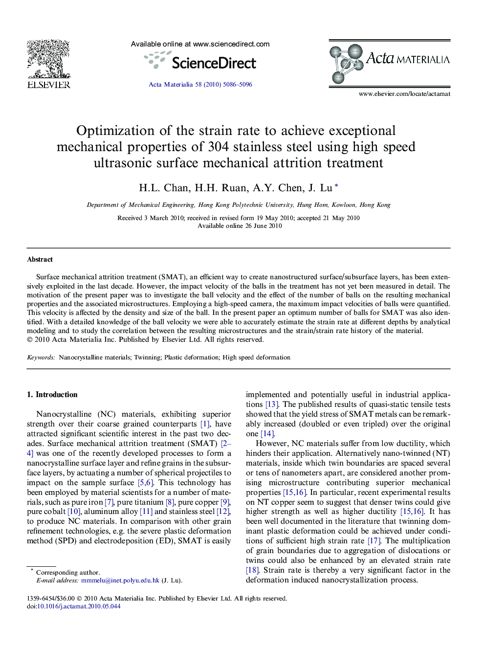 Optimization of the strain rate to achieve exceptional mechanical properties of 304 stainless steel using high speed ultrasonic surface mechanical attrition treatment