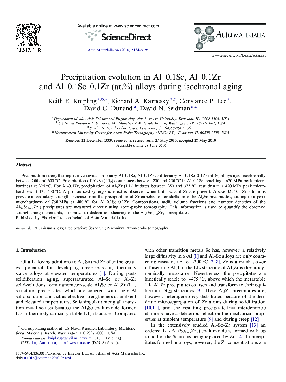 Precipitation evolution in Al–0.1Sc, Al–0.1Zr and Al–0.1Sc–0.1Zr (at.%) alloys during isochronal aging