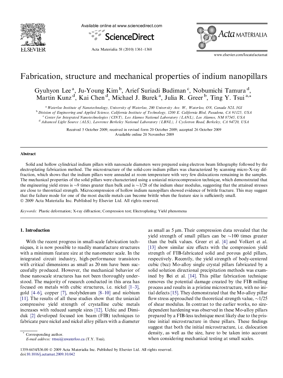 Fabrication, structure and mechanical properties of indium nanopillars