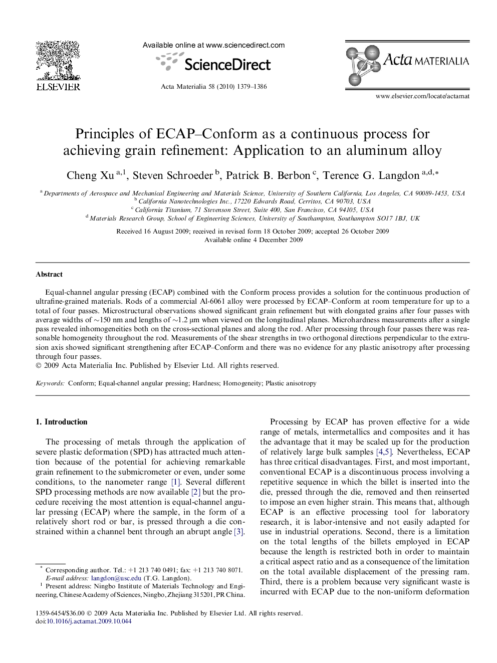 Principles of ECAP–Conform as a continuous process for achieving grain refinement: Application to an aluminum alloy