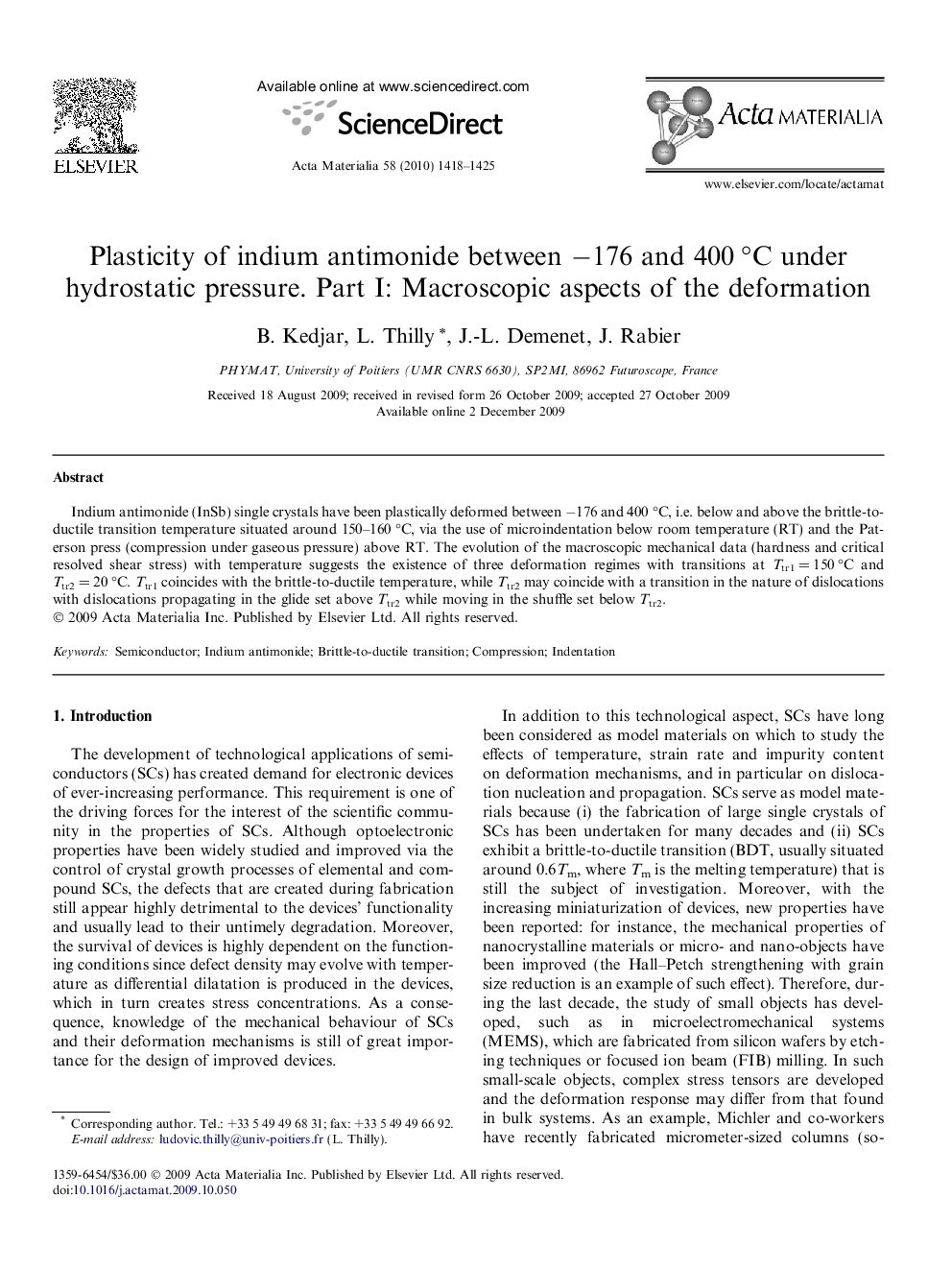 Plasticity of indium antimonide between −176 and 400 °C under hydrostatic pressure. Part I: Macroscopic aspects of the deformation