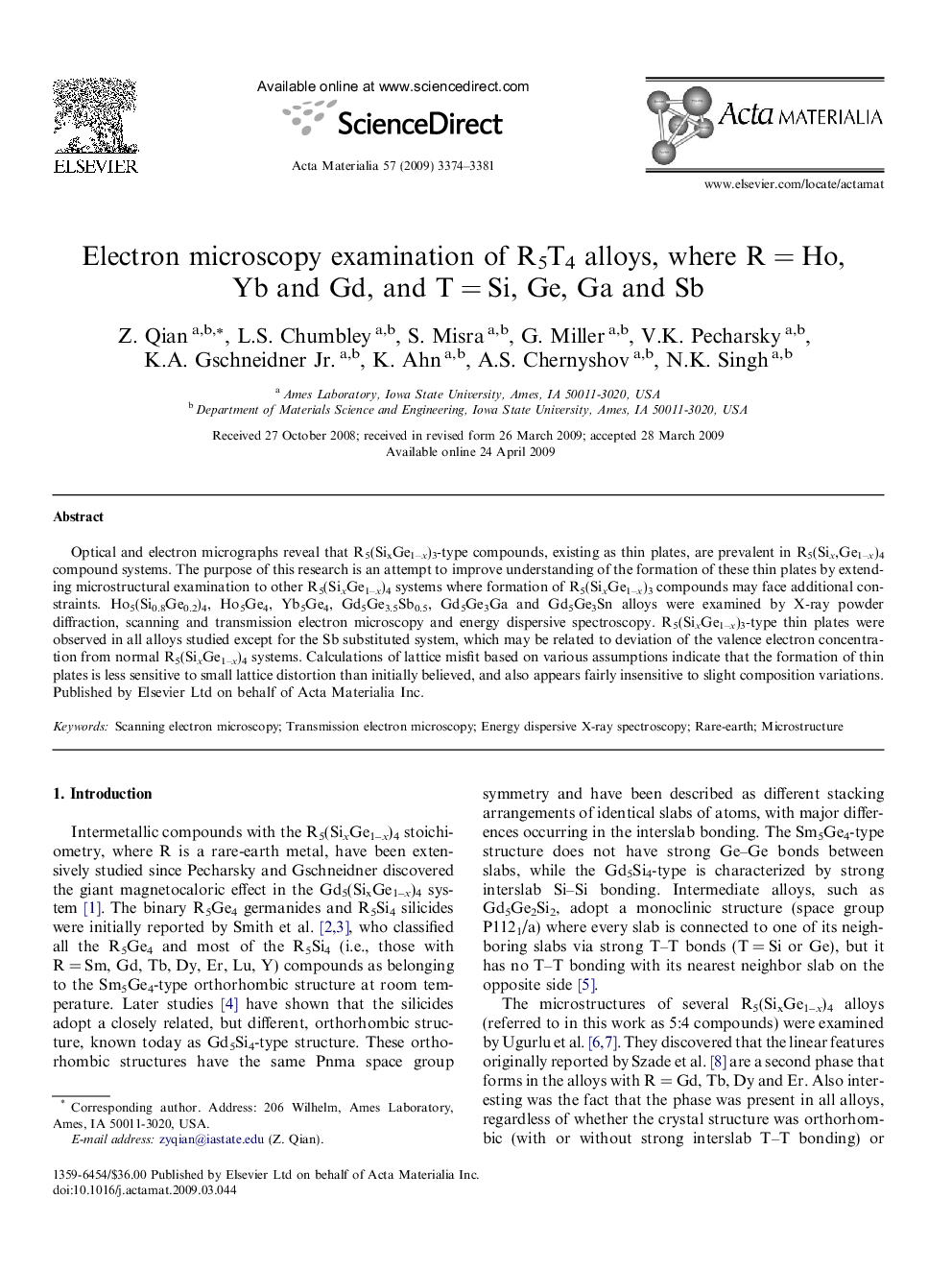 Electron microscopy examination of R5T4 alloys, where R = Ho, Yb and Gd, and T = Si, Ge, Ga and Sb