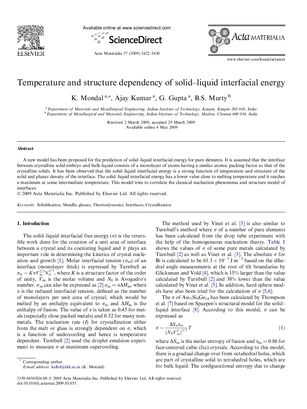 Temperature and structure dependency of solid–liquid interfacial energy