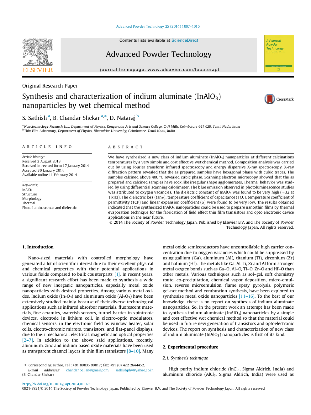 عکس صفحه اول مقاله: Synthesis and characterization of indium aluminate (InAlO3) nanoparticles by wet chemical method Synthesis and characterization of indium aluminate (InAlO3) nanoparticles by wet chemical method
