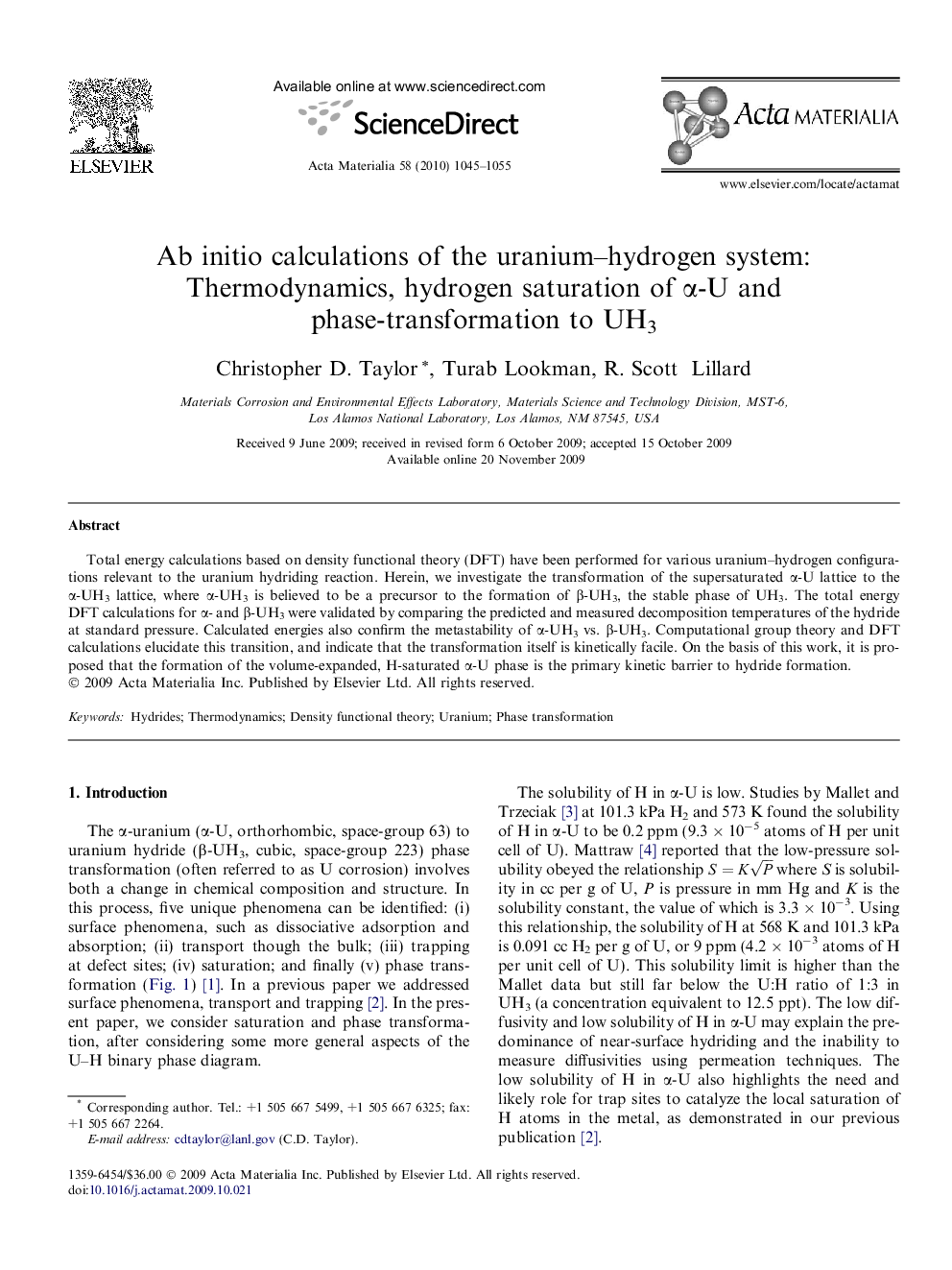 Ab initio calculations of the uranium–hydrogen system: Thermodynamics, hydrogen saturation of α-U and phase-transformation to UH3