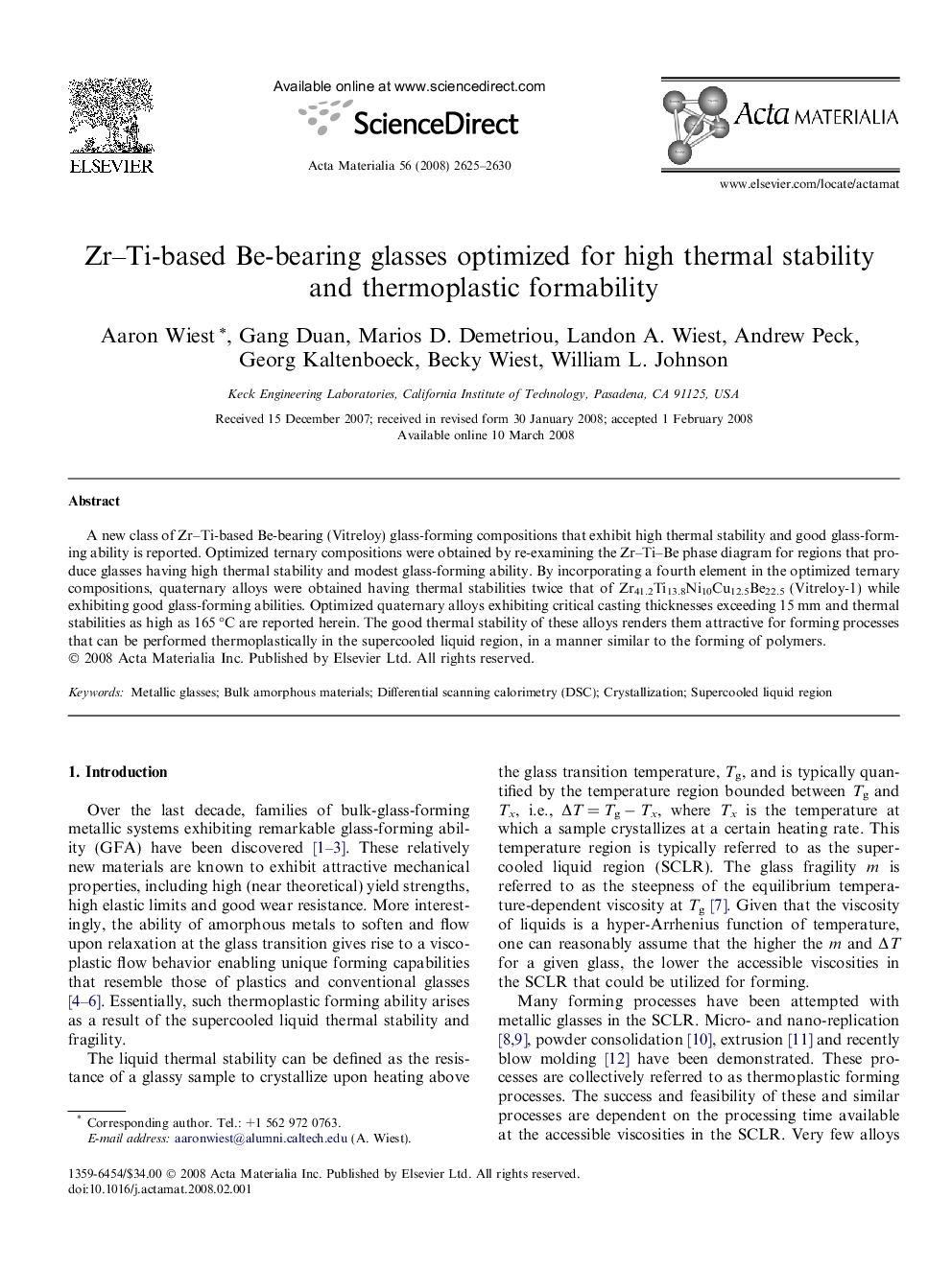 Zr–Ti-based Be-bearing glasses optimized for high thermal stability and thermoplastic formability